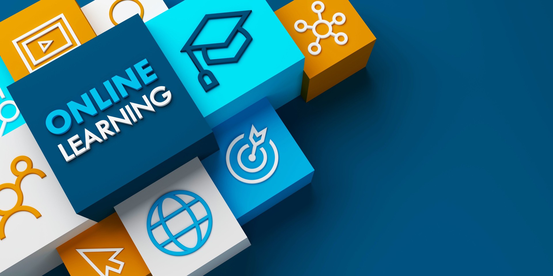 3D render of ONLINE LEARNING concept on dark blue background 3D render of ONLINE LEARNING concept on dark blue background